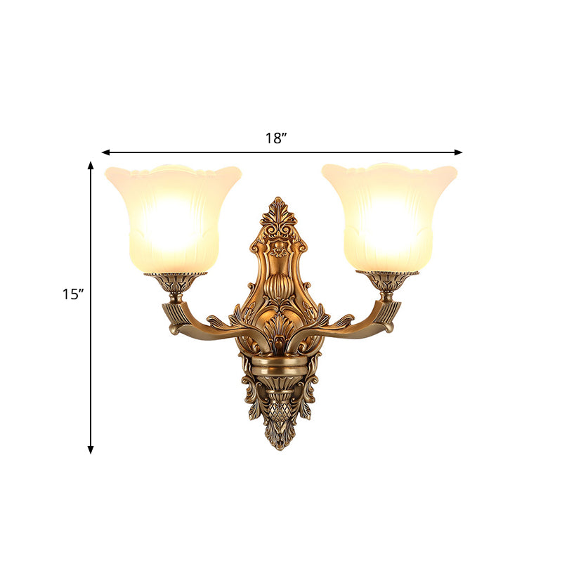 Opal Glass Petal Wall Sconce Classic Style 1/2-Head Bedroom Wall Light Fixture with Brass Carved Arm Clearhalo 'Wall Lamps & Sconces' 'Wall Lights' Lighting' 270131