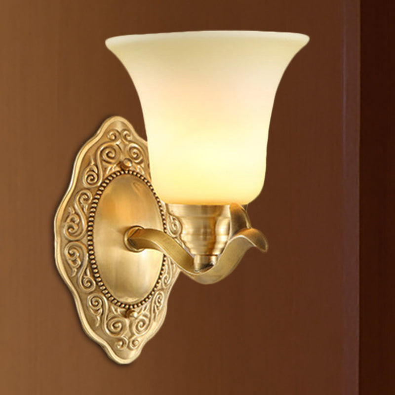 Traditional Bell Shade Wall Light Fixture 1/2-Light Frosted Glass Sconce Lamp with Golden Metallic Arm Clearhalo 'Wall Lamps & Sconces' 'Wall Lights' Lighting' 270176