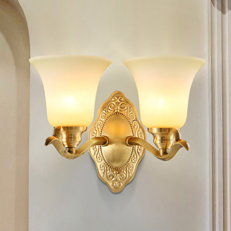 Traditional Bell Shade Wall Light Fixture 1/2-Light Frosted Glass Sconce Lamp with Golden Metallic Arm 2.0 Gold Clearhalo 'Wall Lamps & Sconces' 'Wall Lights' Lighting' 270180