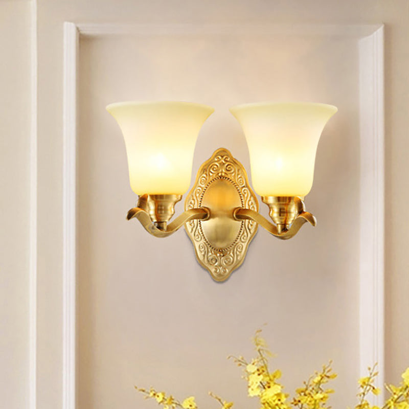 Traditional Bell Shade Wall Light Fixture 1/2-Light Frosted Glass Sconce Lamp with Golden Metallic Arm Clearhalo 'Wall Lamps & Sconces' 'Wall Lights' Lighting' 270181