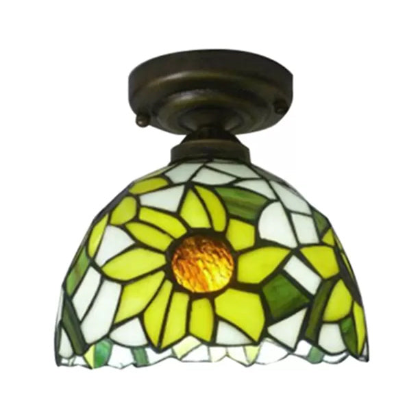 Stained Glass Ceiling Light, Tiffany Sunflower Semi Flush Light for Bedroom, 9" High x 8" in Diameter Clearhalo 'Ceiling Lights' 'Close To Ceiling Lights' 'Close to ceiling' 'Glass shade' 'Glass' 'Semi-flushmount' 'Tiffany close to ceiling' 'Tiffany' Lighting' 2702
