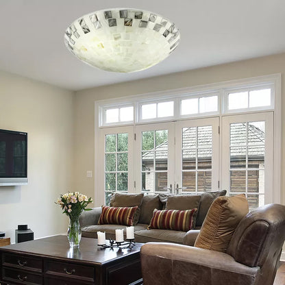 Beige Bowl Ceiling Light Vintage Mosaic Glass 1 Bulb 12"/16"/19.5" Wide Flush Mount Ceiling Light for Dining Room Beige 12" Clearhalo 'Ceiling Lights' 'Close To Ceiling Lights' 'Close to ceiling' 'Glass shade' 'Glass' 'Semi-flushmount' 'Tiffany close to ceiling' 'Tiffany' Lighting' 27027