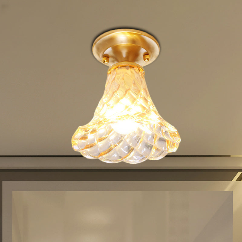 6.5"/7" H Bell/Bowl Corridor Flush Mount Light Colonial Clear Glass 1 Bulb Brass Close to Ceiling Lighting Fixture Brass 6.5" Clearhalo 'Ceiling Lights' 'Close To Ceiling Lights' 'Close to ceiling' 'Flush mount' Lighting' 270279