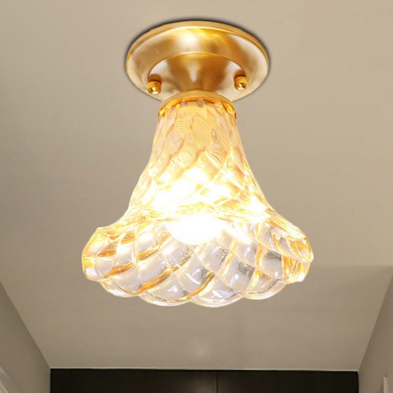 6.5"/7" H Bell/Bowl Corridor Flush Mount Light Colonial Clear Glass 1 Bulb Brass Close to Ceiling Lighting Fixture Clearhalo 'Ceiling Lights' 'Close To Ceiling Lights' 'Close to ceiling' 'Flush mount' Lighting' 270280