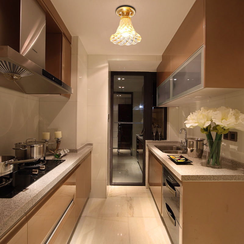 6.5"/7" H Bell/Bowl Corridor Flush Mount Light Colonial Clear Glass 1 Bulb Brass Close to Ceiling Lighting Fixture Clearhalo 'Ceiling Lights' 'Close To Ceiling Lights' 'Close to ceiling' 'Flush mount' Lighting' 270281