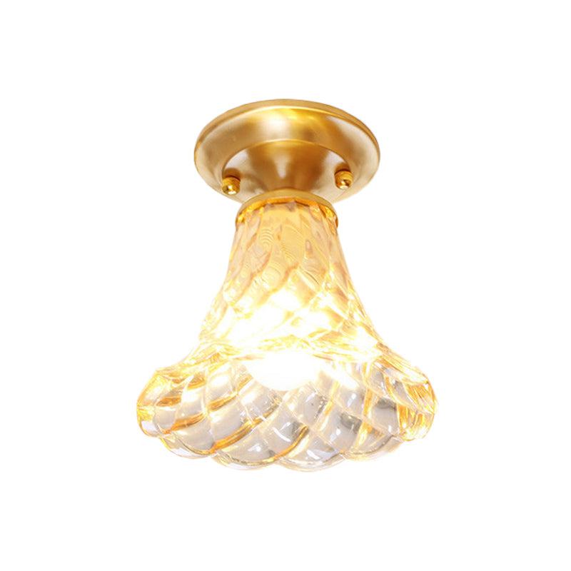 6.5"/7" H Bell/Bowl Corridor Flush Mount Light Colonial Clear Glass 1 Bulb Brass Close to Ceiling Lighting Fixture Clearhalo 'Ceiling Lights' 'Close To Ceiling Lights' 'Close to ceiling' 'Flush mount' Lighting' 270282