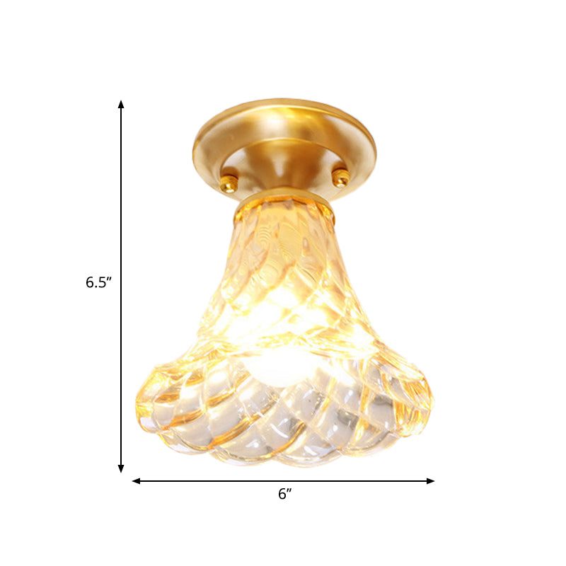 6.5"/7" H Bell/Bowl Corridor Flush Mount Light Colonial Clear Glass 1 Bulb Brass Close to Ceiling Lighting Fixture Clearhalo 'Ceiling Lights' 'Close To Ceiling Lights' 'Close to ceiling' 'Flush mount' Lighting' 270283