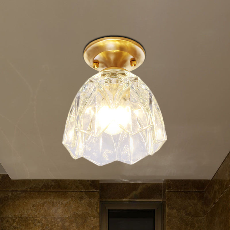 6.5"/7" H Bell/Bowl Corridor Flush Mount Light Colonial Clear Glass 1 Bulb Brass Close to Ceiling Lighting Fixture Clearhalo 'Ceiling Lights' 'Close To Ceiling Lights' 'Close to ceiling' 'Flush mount' Lighting' 270286