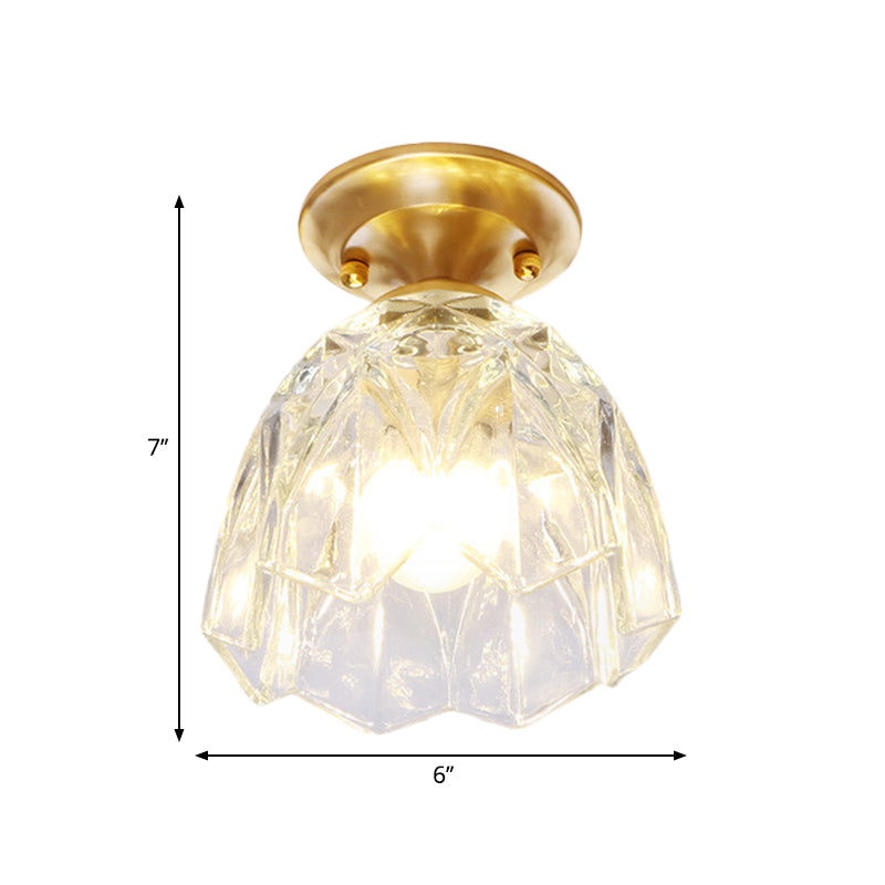 6.5"/7" H Bell/Bowl Corridor Flush Mount Light Colonial Clear Glass 1 Bulb Brass Close to Ceiling Lighting Fixture Clearhalo 'Ceiling Lights' 'Close To Ceiling Lights' 'Close to ceiling' 'Flush mount' Lighting' 270289