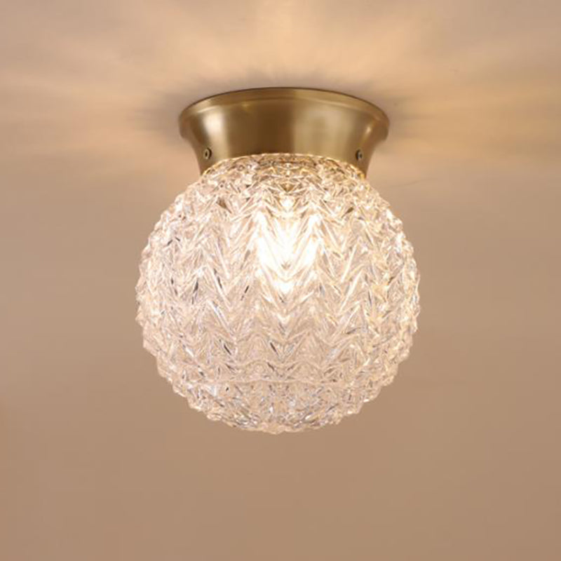 Water Glass Globe Ceiling Lighting Colonial 1 Head Bedroom Flush Mount Light Fixture in Brass Clearhalo 'Ceiling Lights' 'Close To Ceiling Lights' 'Close to ceiling' 'Flush mount' Lighting' 270319