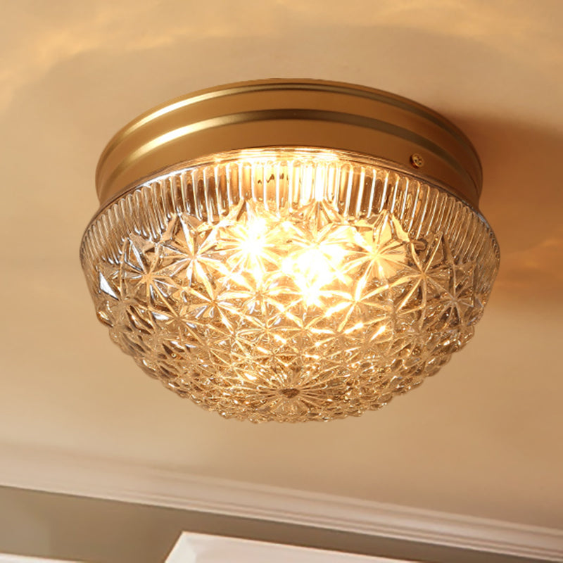 2 Bulbs Bowl Ceiling Mount Colonial Gold Clear Ribbed Glass Flush Light Fixture for Bedroom Clearhalo 'Ceiling Lights' 'Close To Ceiling Lights' 'Close to ceiling' 'Flush mount' Lighting' 270365