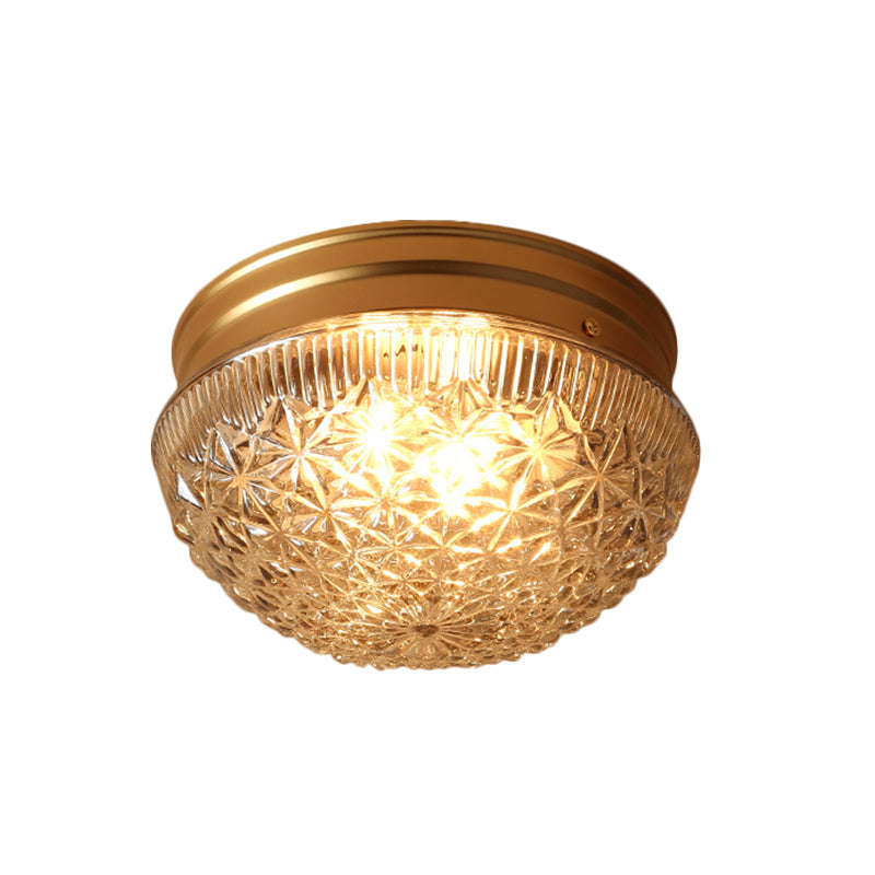 2 Bulbs Bowl Ceiling Mount Colonial Gold Clear Ribbed Glass Flush Light Fixture for Bedroom Clearhalo 'Ceiling Lights' 'Close To Ceiling Lights' 'Close to ceiling' 'Flush mount' Lighting' 270367