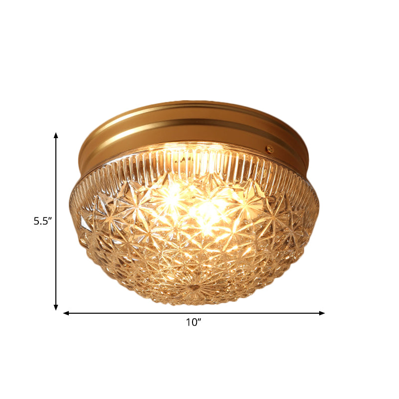 2 Bulbs Bowl Ceiling Mount Colonial Gold Clear Ribbed Glass Flush Light Fixture for Bedroom Clearhalo 'Ceiling Lights' 'Close To Ceiling Lights' 'Close to ceiling' 'Flush mount' Lighting' 270368