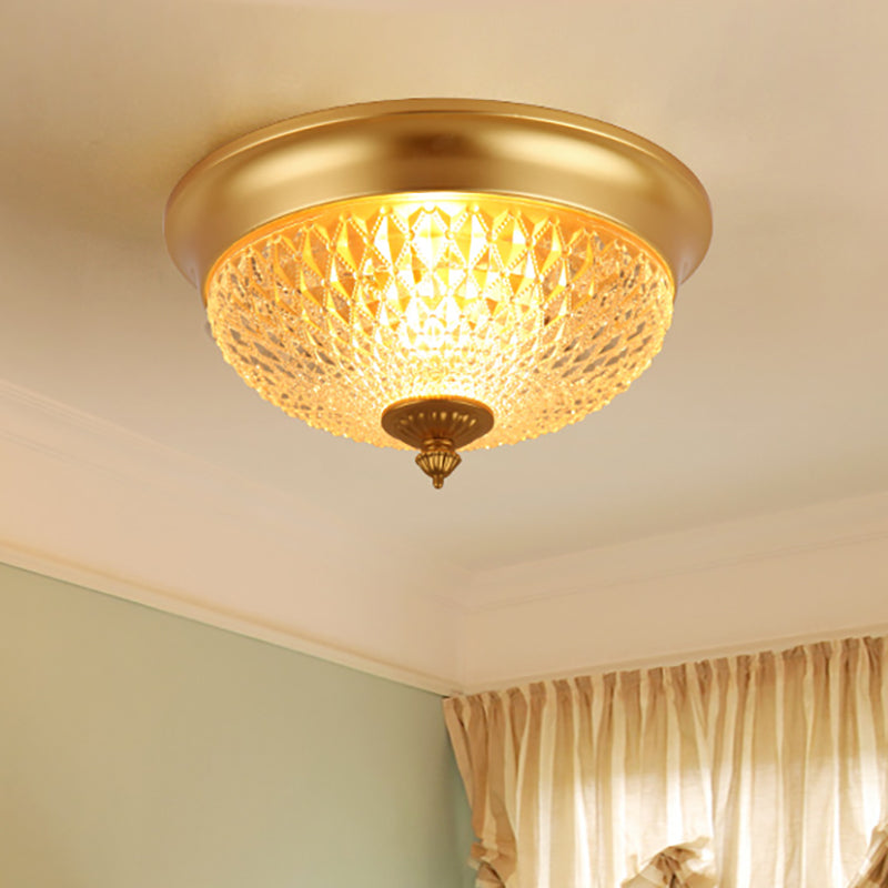 Dome Bedroom Flush Mount Light Colonial Lattice Glass 2 Bulbs Brass Close to Ceiling Lighting Fixture Brass Clearhalo 'Ceiling Lights' 'Close To Ceiling Lights' 'Close to ceiling' 'Flush mount' Lighting' 270369