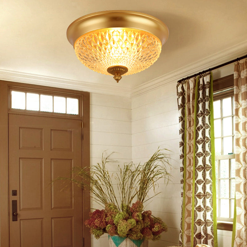 Dome Bedroom Flush Mount Light Colonial Lattice Glass 2 Bulbs Brass Close to Ceiling Lighting Fixture Clearhalo 'Ceiling Lights' 'Close To Ceiling Lights' 'Close to ceiling' 'Flush mount' Lighting' 270371