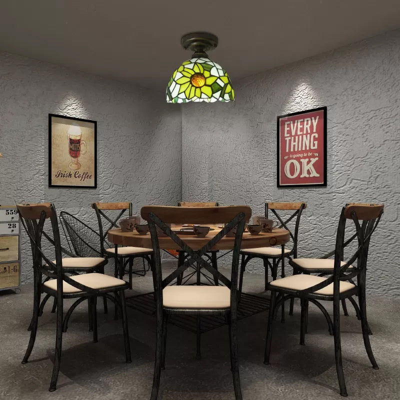 Stained Glass Ceiling Light, Tiffany Sunflower Semi Flush Light for Bedroom, 9" High x 8" in Diameter Antique Brass Clearhalo 'Ceiling Lights' 'Close To Ceiling Lights' 'Close to ceiling' 'Glass shade' 'Glass' 'Semi-flushmount' 'Tiffany close to ceiling' 'Tiffany' Lighting' 2704