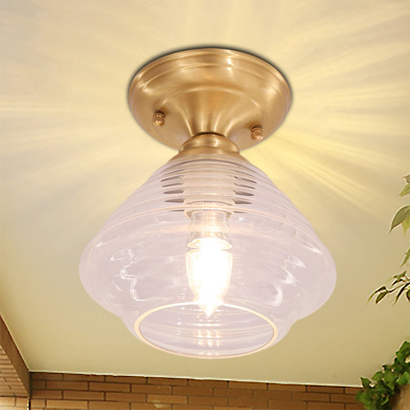 Clear Prismatic Glass Dome/Cone/Barn Ceiling Lighting Colonial 1 Head Porch Flush Mount Light Fixture in Brass, 6"/7.5"/11" W Clearhalo 'Ceiling Lights' 'Close To Ceiling Lights' 'Close to ceiling' 'Flush mount' Lighting' 270413