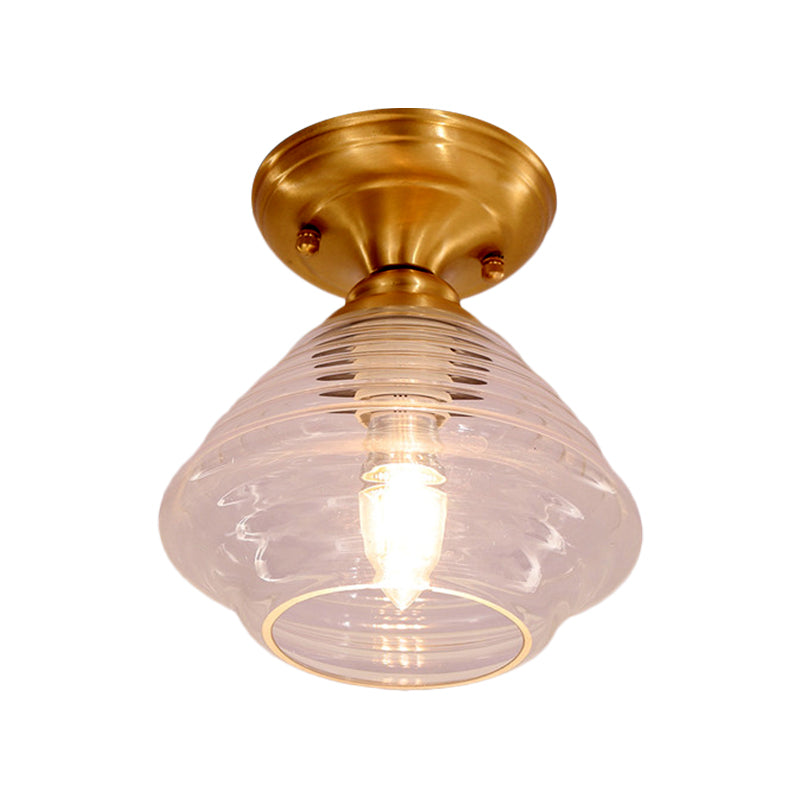 Clear Prismatic Glass Dome/Cone/Barn Ceiling Lighting Colonial 1 Head Porch Flush Mount Light Fixture in Brass, 6"/7.5"/11" W Clearhalo 'Ceiling Lights' 'Close To Ceiling Lights' 'Close to ceiling' 'Flush mount' Lighting' 270415