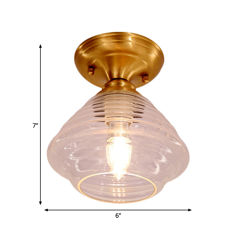 Clear Prismatic Glass Dome/Cone/Barn Ceiling Lighting Colonial 1 Head Porch Flush Mount Light Fixture in Brass, 6"/7.5"/11" W Clearhalo 'Ceiling Lights' 'Close To Ceiling Lights' 'Close to ceiling' 'Flush mount' Lighting' 270416