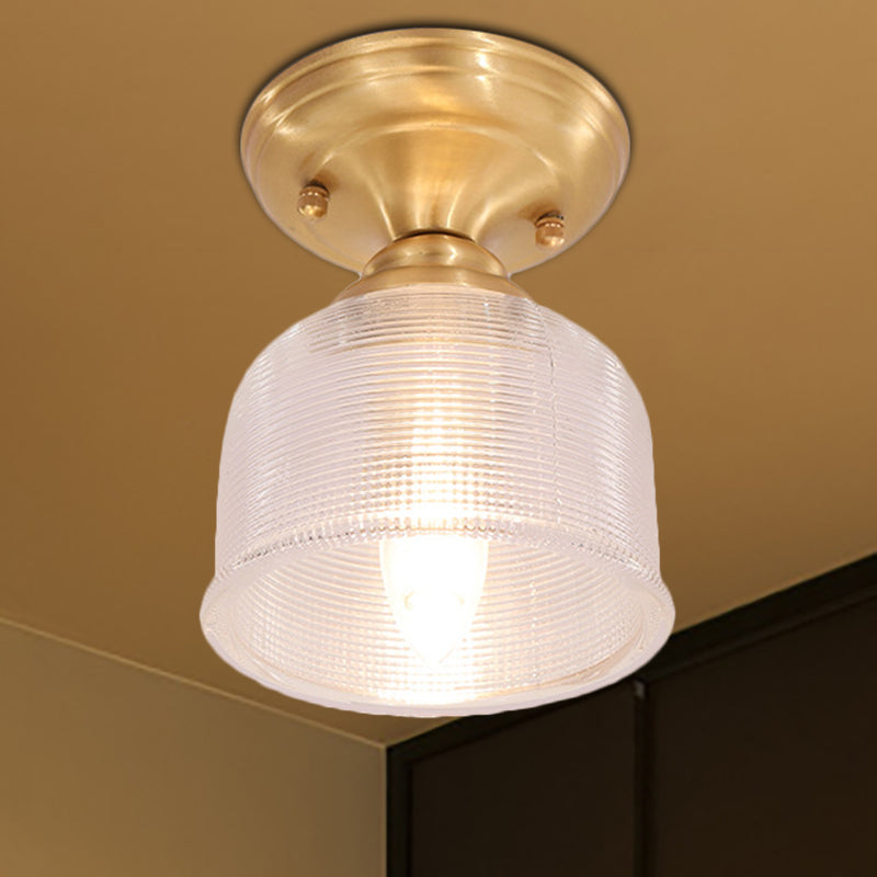 Clear Prismatic Glass Dome/Cone/Barn Ceiling Lighting Colonial 1 Head Porch Flush Mount Light Fixture in Brass, 6"/7.5"/11" W Brass 7.5" Clearhalo 'Ceiling Lights' 'Close To Ceiling Lights' 'Close to ceiling' 'Flush mount' Lighting' 270417
