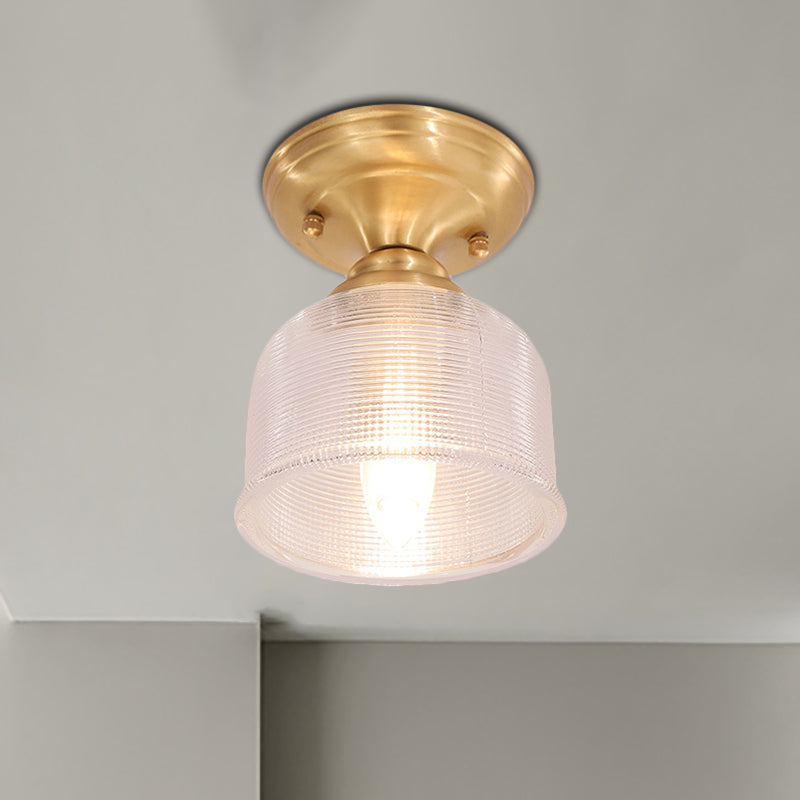 Clear Prismatic Glass Dome/Cone/Barn Ceiling Lighting Colonial 1 Head Porch Flush Mount Light Fixture in Brass, 6"/7.5"/11" W Clearhalo 'Ceiling Lights' 'Close To Ceiling Lights' 'Close to ceiling' 'Flush mount' Lighting' 270418