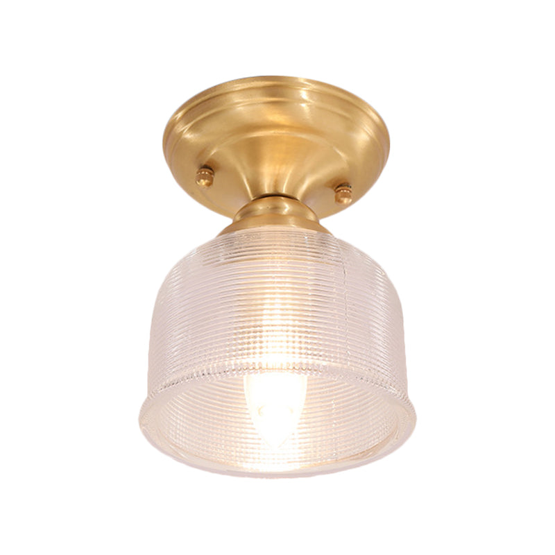 Clear Prismatic Glass Dome/Cone/Barn Ceiling Lighting Colonial 1 Head Porch Flush Mount Light Fixture in Brass, 6"/7.5"/11" W Clearhalo 'Ceiling Lights' 'Close To Ceiling Lights' 'Close to ceiling' 'Flush mount' Lighting' 270420