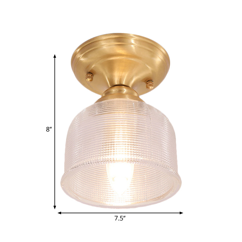 Clear Prismatic Glass Dome/Cone/Barn Ceiling Lighting Colonial 1 Head Porch Flush Mount Light Fixture in Brass, 6"/7.5"/11" W Clearhalo 'Ceiling Lights' 'Close To Ceiling Lights' 'Close to ceiling' 'Flush mount' Lighting' 270421