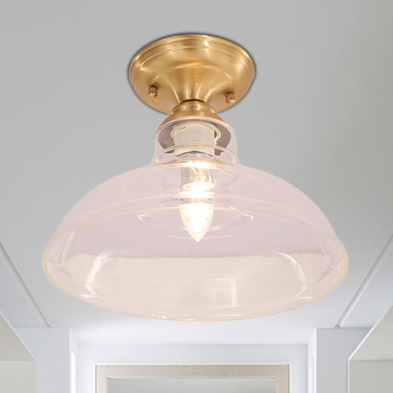 Clear Prismatic Glass Dome/Cone/Barn Ceiling Lighting Colonial 1 Head Porch Flush Mount Light Fixture in Brass, 6"/7.5"/11" W Brass 11" Clearhalo 'Ceiling Lights' 'Close To Ceiling Lights' 'Close to ceiling' 'Flush mount' Lighting' 270422