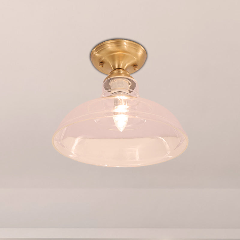 Clear Prismatic Glass Dome/Cone/Barn Ceiling Lighting Colonial 1 Head Porch Flush Mount Light Fixture in Brass, 6"/7.5"/11" W Clearhalo 'Ceiling Lights' 'Close To Ceiling Lights' 'Close to ceiling' 'Flush mount' Lighting' 270423