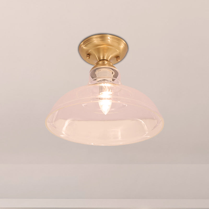 Clear Prismatic Glass Dome/Cone/Barn Ceiling Lighting Colonial 1 Head Porch Flush Mount Light Fixture in Brass, 6"/7.5"/11" W Clearhalo 'Ceiling Lights' 'Close To Ceiling Lights' 'Close to ceiling' 'Flush mount' Lighting' 270423