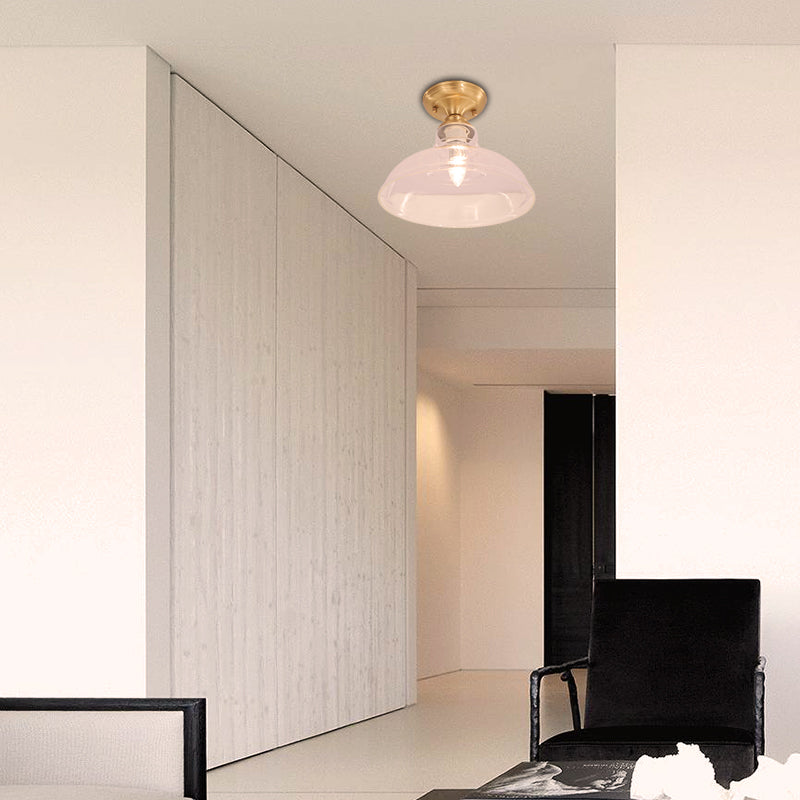 Clear Prismatic Glass Dome/Cone/Barn Ceiling Lighting Colonial 1 Head Porch Flush Mount Light Fixture in Brass, 6"/7.5"/11" W Clearhalo 'Ceiling Lights' 'Close To Ceiling Lights' 'Close to ceiling' 'Flush mount' Lighting' 270424