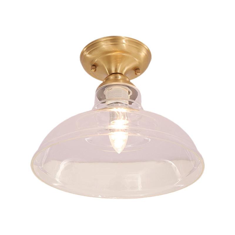 Clear Prismatic Glass Dome/Cone/Barn Ceiling Lighting Colonial 1 Head Porch Flush Mount Light Fixture in Brass, 6"/7.5"/11" W Clearhalo 'Ceiling Lights' 'Close To Ceiling Lights' 'Close to ceiling' 'Flush mount' Lighting' 270425