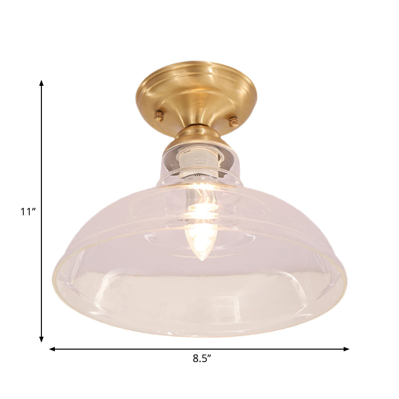 Clear Prismatic Glass Dome/Cone/Barn Ceiling Lighting Colonial 1 Head Porch Flush Mount Light Fixture in Brass, 6"/7.5"/11" W Clearhalo 'Ceiling Lights' 'Close To Ceiling Lights' 'Close to ceiling' 'Flush mount' Lighting' 270426