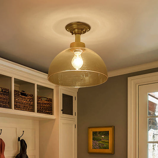 Colonial Dome Ceiling Light Fixture 1 Bulb Amber Glass Semi Mount Lighting in Brass for Hallway Clearhalo 'Ceiling Lights' 'Close To Ceiling Lights' 'Close to ceiling' 'Glass shade' 'Glass' 'Semi-flushmount' Lighting' 270429