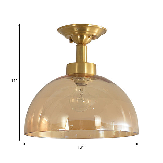Colonial Dome Ceiling Light Fixture 1 Bulb Amber Glass Semi Mount Lighting in Brass for Hallway Clearhalo 'Ceiling Lights' 'Close To Ceiling Lights' 'Close to ceiling' 'Glass shade' 'Glass' 'Semi-flushmount' Lighting' 270431
