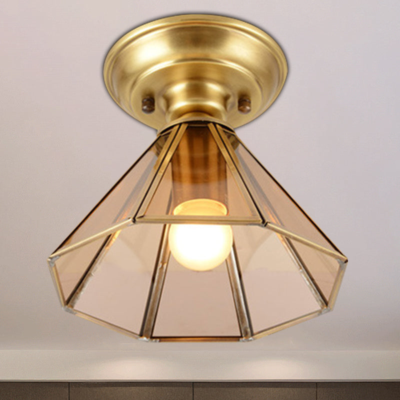 1-Light Beveled Glass Flush Mount Colonialist Brass Cone Hall Close to Ceiling Lighting Clearhalo 'Ceiling Lights' 'Close To Ceiling Lights' 'Close to ceiling' 'Flush mount' Lighting' 270433