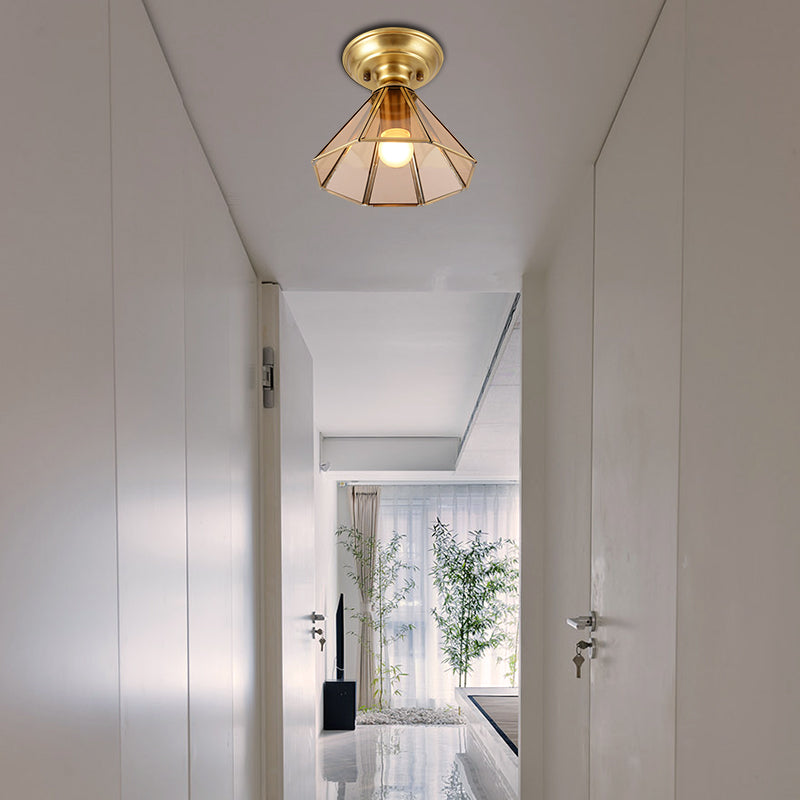 1-Light Beveled Glass Flush Mount Colonialist Brass Cone Hall Close to Ceiling Lighting Clearhalo 'Ceiling Lights' 'Close To Ceiling Lights' 'Close to ceiling' 'Flush mount' Lighting' 270434