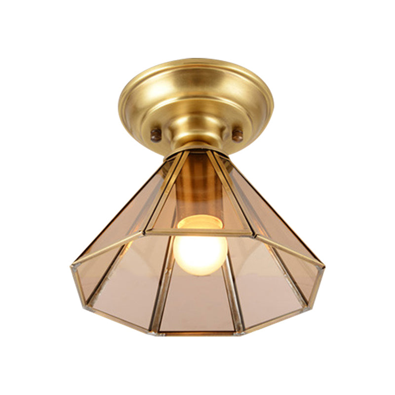 1-Light Beveled Glass Flush Mount Colonialist Brass Cone Hall Close to Ceiling Lighting Clearhalo 'Ceiling Lights' 'Close To Ceiling Lights' 'Close to ceiling' 'Flush mount' Lighting' 270435