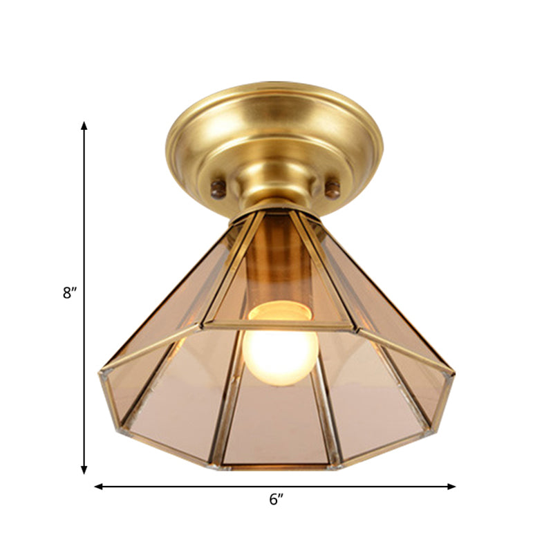 1-Light Beveled Glass Flush Mount Colonialist Brass Cone Hall Close to Ceiling Lighting Clearhalo 'Ceiling Lights' 'Close To Ceiling Lights' 'Close to ceiling' 'Flush mount' Lighting' 270436