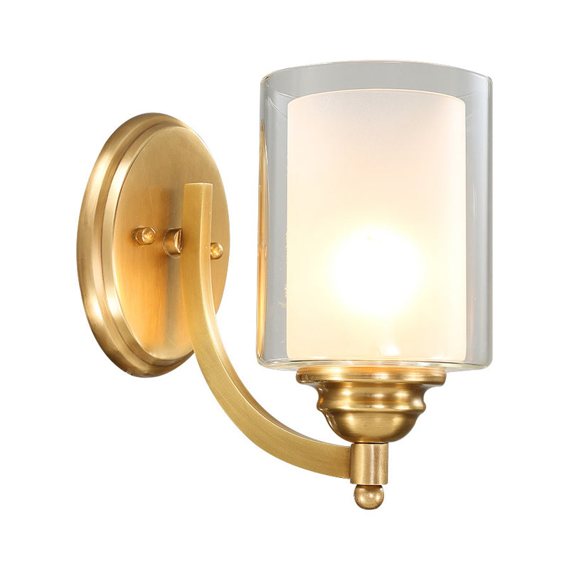 Cylindrical Indoor Wall Sconce Lighting Modern Style Double Glass 1/2-Head Brass Finish Wall Lamp for Bedroom Clearhalo 'Wall Lamps & Sconces' 'Wall Lights' Lighting' 270440