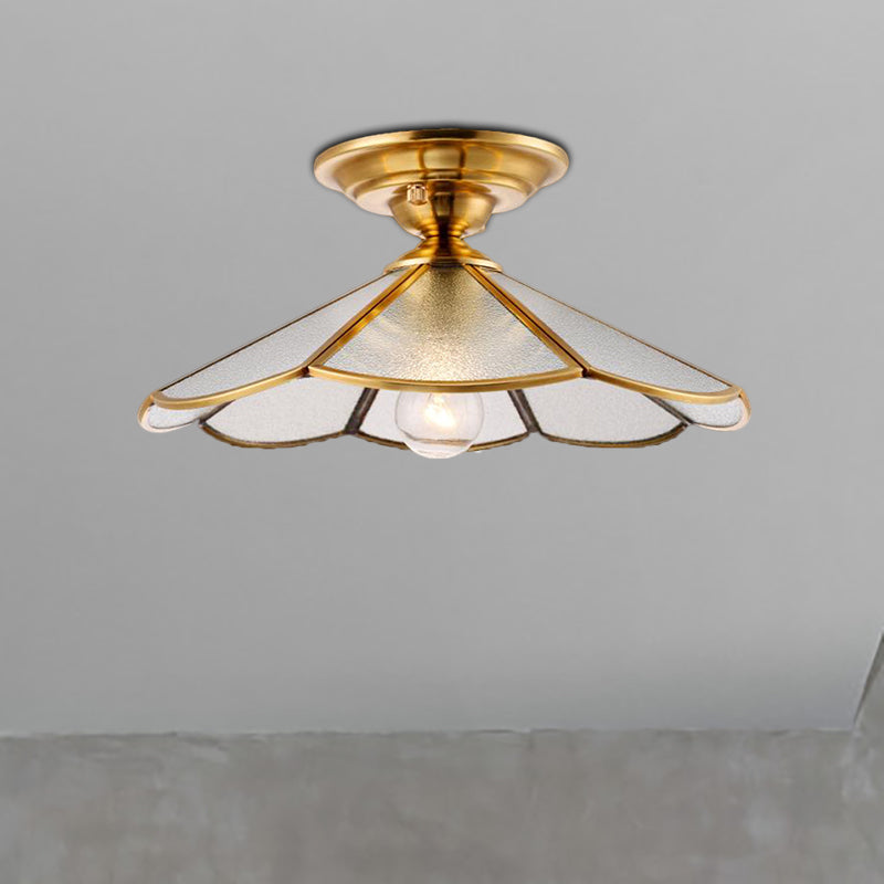 12"/16" W Scalloped Foyer Flush Mount Colonial Frosted Glass 1 Head Brass Ceiling Light Fixture Brass Clearhalo 'Ceiling Lights' 'Close To Ceiling Lights' 'Close to ceiling' 'Flush mount' Lighting' 270449