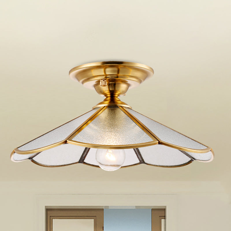 12"/16" W Scalloped Foyer Flush Mount Colonial Frosted Glass 1 Head Brass Ceiling Light Fixture Clearhalo 'Ceiling Lights' 'Close To Ceiling Lights' 'Close to ceiling' 'Flush mount' Lighting' 270450