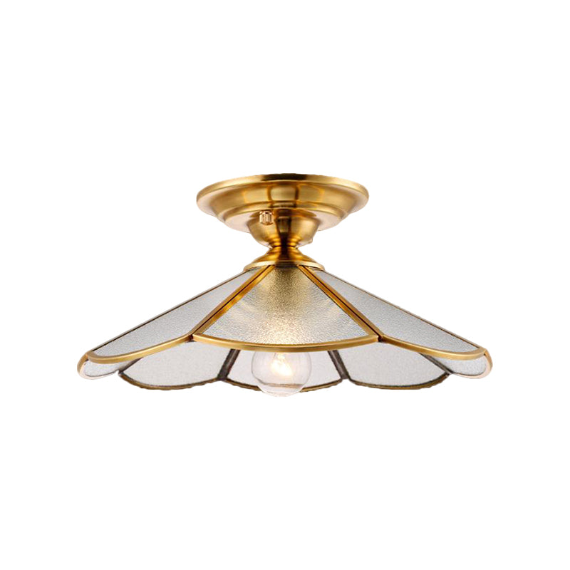 12"/16" W Scalloped Foyer Flush Mount Colonial Frosted Glass 1 Head Brass Ceiling Light Fixture Clearhalo 'Ceiling Lights' 'Close To Ceiling Lights' 'Close to ceiling' 'Flush mount' Lighting' 270452