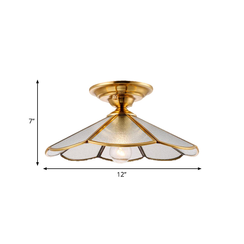 12"/16" W Scalloped Foyer Flush Mount Colonial Frosted Glass 1 Head Brass Ceiling Light Fixture Clearhalo 'Ceiling Lights' 'Close To Ceiling Lights' 'Close to ceiling' 'Flush mount' Lighting' 270453