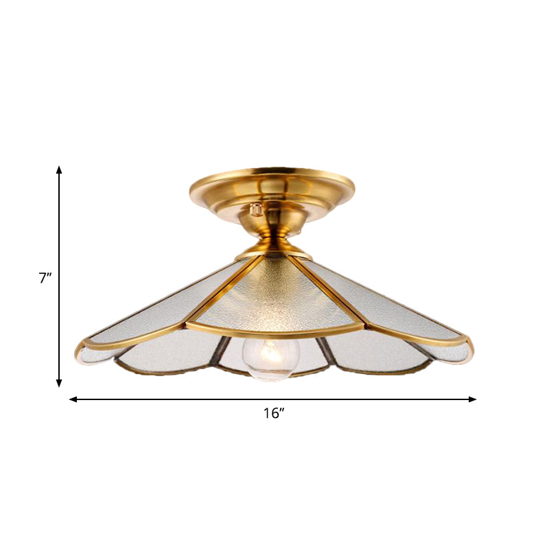 12"/16" W Scalloped Foyer Flush Mount Colonial Frosted Glass 1 Head Brass Ceiling Light Fixture Clearhalo 'Ceiling Lights' 'Close To Ceiling Lights' 'Close to ceiling' 'Flush mount' Lighting' 270454