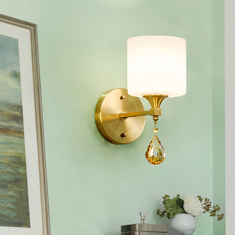Drum Shade Hallway Wall Sconce Modern Style Milk Glass 1/2-Bulb Brass Finish Wall Lamp with Amber Crystal Draping 1.0 Brass Clearhalo 'Wall Lamps & Sconces' 'Wall Lights' Lighting' 270470