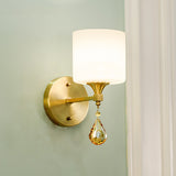 Drum Shade Hallway Wall Sconce Modern Style Milk Glass 1/2-Bulb Brass Finish Wall Lamp with Amber Crystal Draping Clearhalo 'Wall Lamps & Sconces' 'Wall Lights' Lighting' 270471