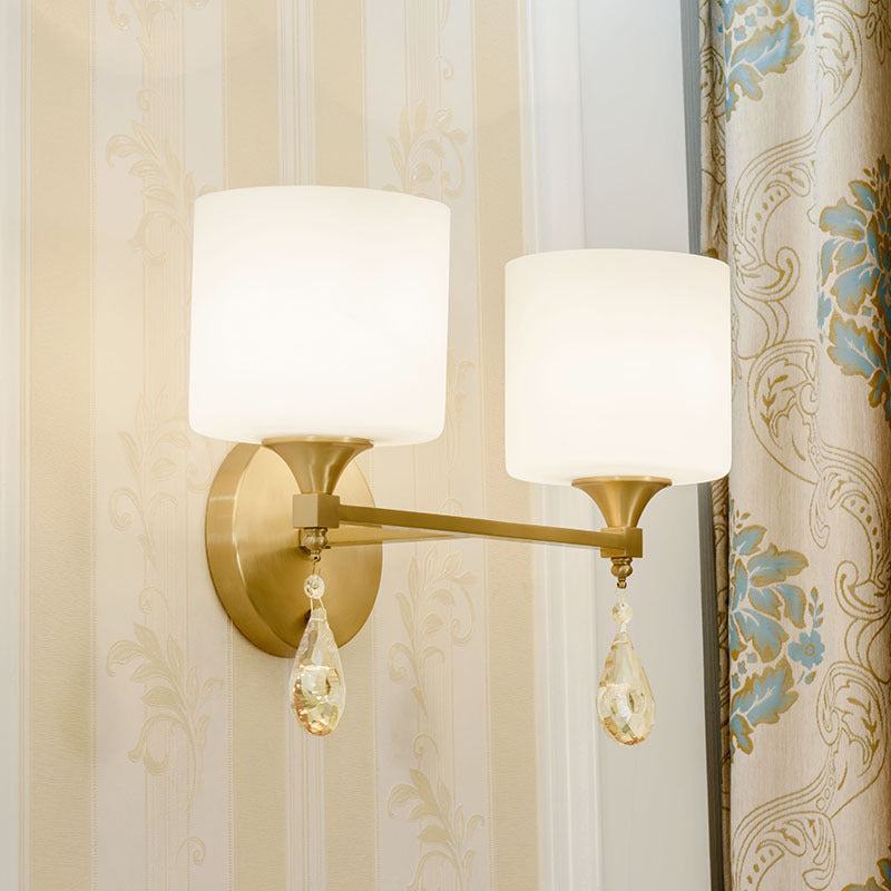 Drum Shade Hallway Wall Sconce Modern Style Milk Glass 1/2-Bulb Brass Finish Wall Lamp with Amber Crystal Draping 2.0 Brass Clearhalo 'Wall Lamps & Sconces' 'Wall Lights' Lighting' 270475