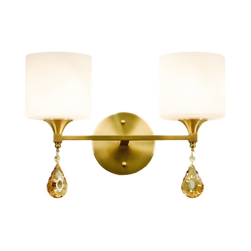 Drum Shade Hallway Wall Sconce Modern Style Milk Glass 1/2-Bulb Brass Finish Wall Lamp with Amber Crystal Draping Clearhalo 'Wall Lamps & Sconces' 'Wall Lights' Lighting' 270478