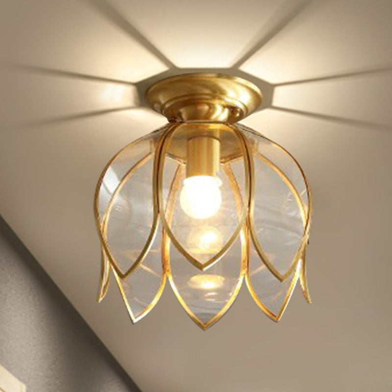 1 Bulb Lotus Ceiling Mount Colonial Brass Clear Glass Flush Light Fixture for Corridor Clearhalo 'Ceiling Lights' 'Close To Ceiling Lights' 'Close to ceiling' 'Flush mount' Lighting' 270481